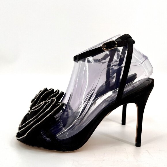 Arezzo Ivy High Stiletto Sandal Size 10B Black Satin Flower Rhinestone Accent - Picture 5 of 15
